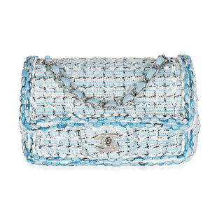 Chanel Blue White Quilted Metallic Tweed Braided Mini Rectangular Flap Bag